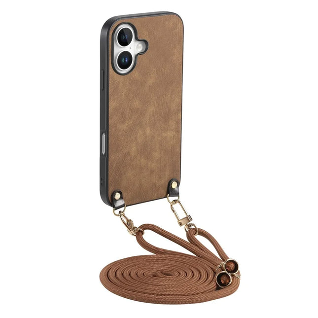 For iPhone 16 Plus Retro Leather Phone Back Cover with Adjustable Strap - Brown