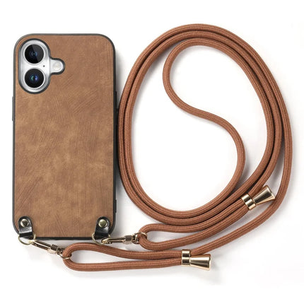 For iPhone 16 Plus Retro Leather Phone Back Cover with Adjustable Strap