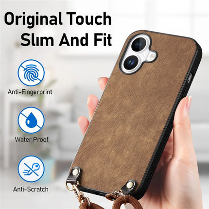 For iPhone 16 Plus Retro Leather Phone Back Cover with Adjustable Strap