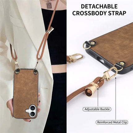 For iPhone 16 Plus Retro Leather Phone Back Cover with Adjustable Strap