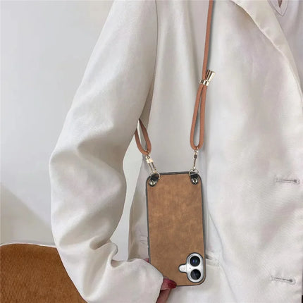 For iPhone 16 Plus Retro Leather Phone Back Cover with Adjustable Strap