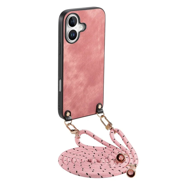 For iPhone 16 Plus Retro Leather Phone Back Cover with Adjustable Strap - Pink