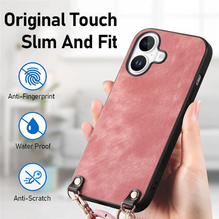 For iPhone 16 Plus Retro Leather Phone Back Cover with Adjustable Strap