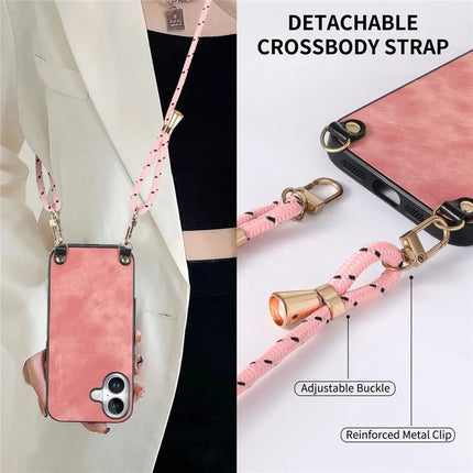 For iPhone 16 Plus Retro Leather Phone Back Cover with Adjustable Strap