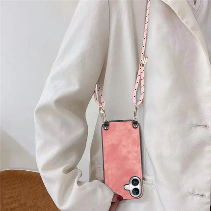 For iPhone 16 Plus Retro Leather Phone Back Cover with Adjustable Strap