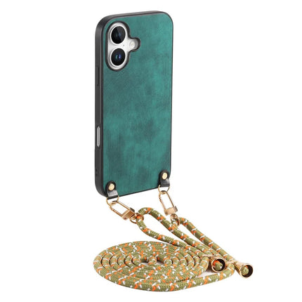 For iPhone 16 Plus Retro Leather Phone Back Cover with Adjustable Strap - Green