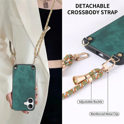 For iPhone 16 Plus Retro Leather Phone Back Cover with Adjustable Strap