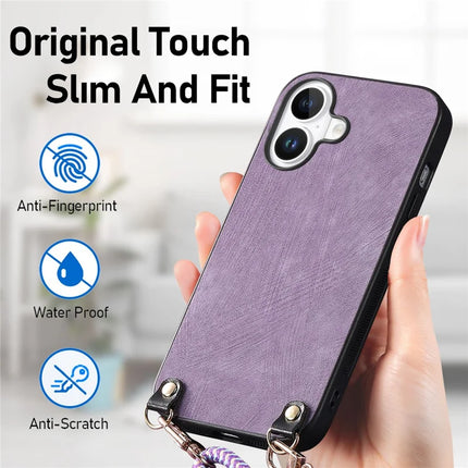 For iPhone 16 Plus Retro Leather Phone Back Cover with Adjustable Strap