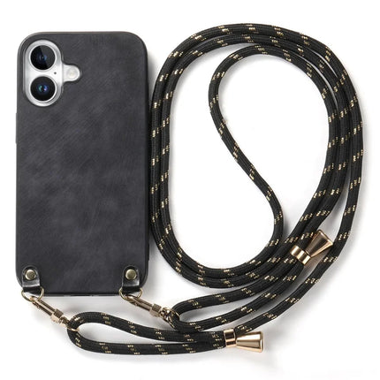 For iPhone 16 Plus Retro Leather Phone Back Cover with Adjustable Strap