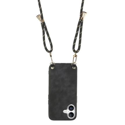 For iPhone 16 Plus Retro Leather Phone Back Cover with Adjustable Strap