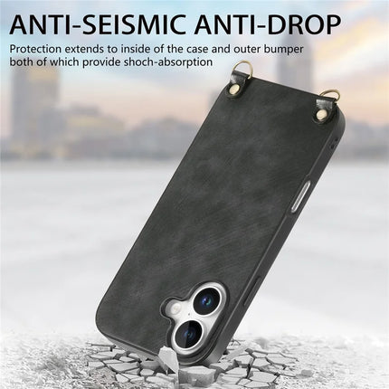 For iPhone 16 Plus Retro Leather Phone Back Cover with Adjustable Strap