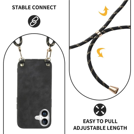For iPhone 16 Plus Retro Leather Phone Back Cover with Adjustable Strap