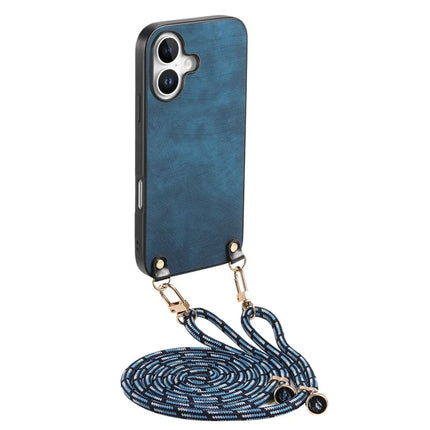 For iPhone 16 Plus Retro Leather Phone Back Cover with Adjustable Strap - Blue
