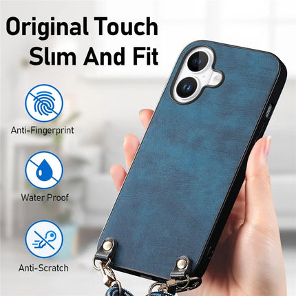 For iPhone 16 Plus Retro Leather Phone Back Cover with Adjustable Strap