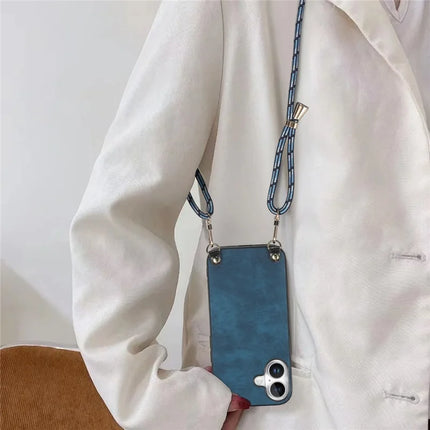 For iPhone 16 Plus Retro Leather Phone Back Cover with Adjustable Strap