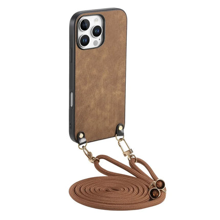 For iPhone 16 Pro Retro Leather Phone Back Cover with Adjustable Strap - Brown