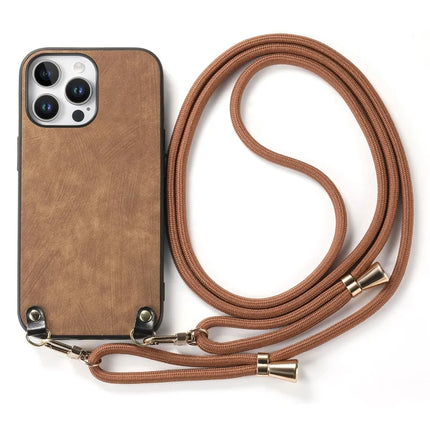 For iPhone 16 Pro Retro Leather Phone Back Cover with Adjustable Strap