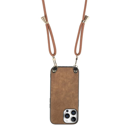 For iPhone 16 Pro Retro Leather Phone Back Cover with Adjustable Strap