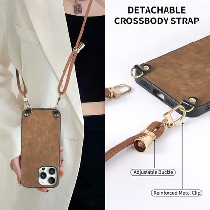 For iPhone 16 Pro Retro Leather Phone Back Cover with Adjustable Strap
