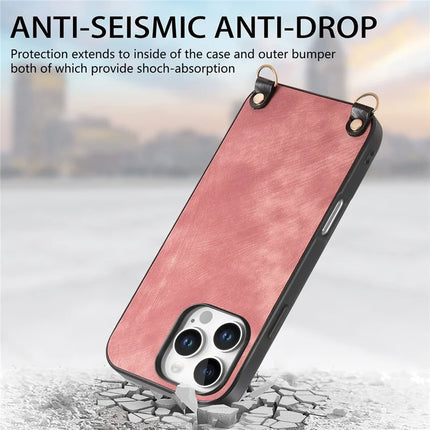For iPhone 16 Pro Retro Leather Phone Back Cover with Adjustable Strap