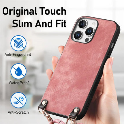 For iPhone 16 Pro Retro Leather Phone Back Cover with Adjustable Strap