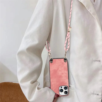 For iPhone 16 Pro Retro Leather Phone Back Cover with Adjustable Strap