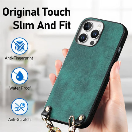 For iPhone 16 Pro Retro Leather Phone Back Cover with Adjustable Strap