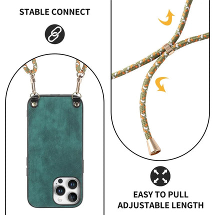 For iPhone 16 Pro Retro Leather Phone Back Cover with Adjustable Strap