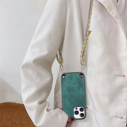 For iPhone 16 Pro Retro Leather Phone Back Cover with Adjustable Strap