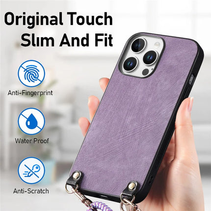For iPhone 16 Pro Retro Leather Phone Back Cover with Adjustable Strap