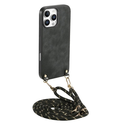 For iPhone 16 Pro Retro Leather Phone Back Cover with Adjustable Strap - Black