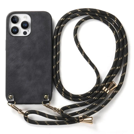 For iPhone 16 Pro Retro Leather Phone Back Cover with Adjustable Strap