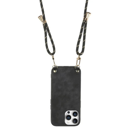 For iPhone 16 Pro Retro Leather Phone Back Cover with Adjustable Strap
