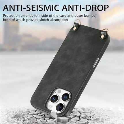 For iPhone 16 Pro Retro Leather Phone Back Cover with Adjustable Strap
