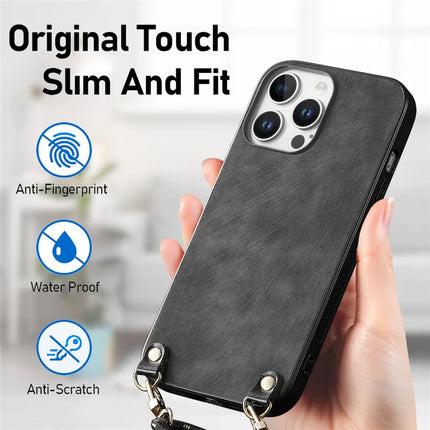 For iPhone 16 Pro Retro Leather Phone Back Cover with Adjustable Strap