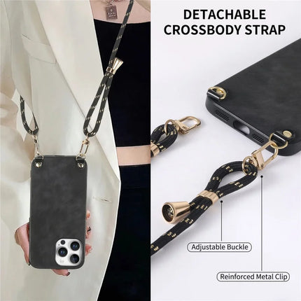 For iPhone 16 Pro Retro Leather Phone Back Cover with Adjustable Strap