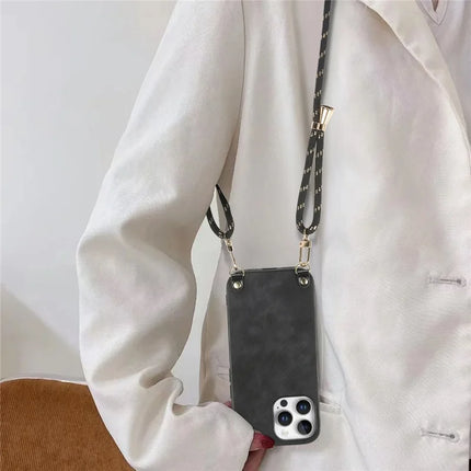 For iPhone 16 Pro Retro Leather Phone Back Cover with Adjustable Strap