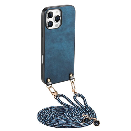 For iPhone 16 Pro Retro Leather Phone Back Cover with Adjustable Strap - Blue