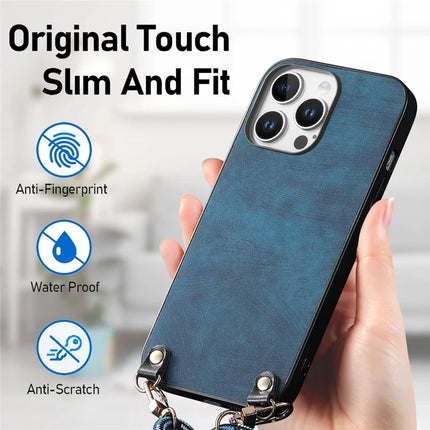 For iPhone 16 Pro Retro Leather Phone Back Cover with Adjustable Strap