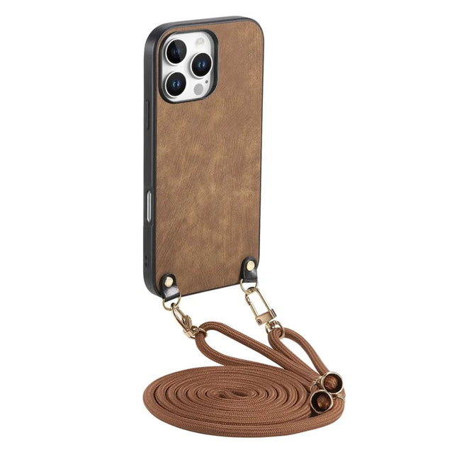 For iPhone 16 Pro Max Retro Leather Phone Back Cover with Adjustable Strap - Brown