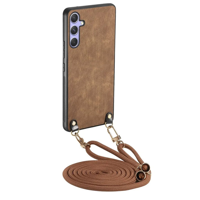 For Samsung Galaxy A05s 4G Retro Leather Phone Back Cover with Adjustable Strap - Brown