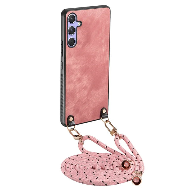 For Samsung Galaxy A05s 4G Retro Leather Phone Back Cover with Adjustable Strap - Pink