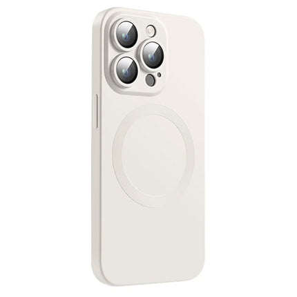 For iPhone 15 Pro Max Case Compatible with MagSafe Liquid Silicone Phone Cover with Tempered Glass Lens Protector - White