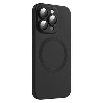 For iPhone 15 Pro Max Case Compatible with MagSafe Liquid Silicone Phone Cover with Tempered Glass Lens Protector - Black