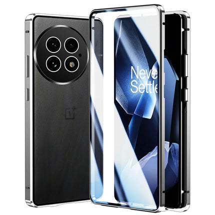 For OnePlus 13 Case Double Sides Tempered Glass Full Protection Phone Cover with Magnetic Metal Frame - Silver