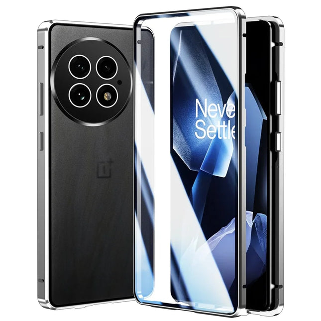 For OnePlus 13 Case Double Sides Tempered Glass Full Protection Phone Cover with Magnetic Metal Frame - Silver