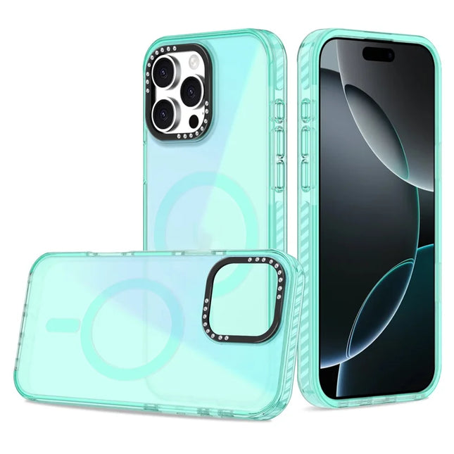 For iPhone 16 Pro Max Magnetic Case IMD TPU + PC Phone Back Cover with Metal Lens Frame - Mint Green