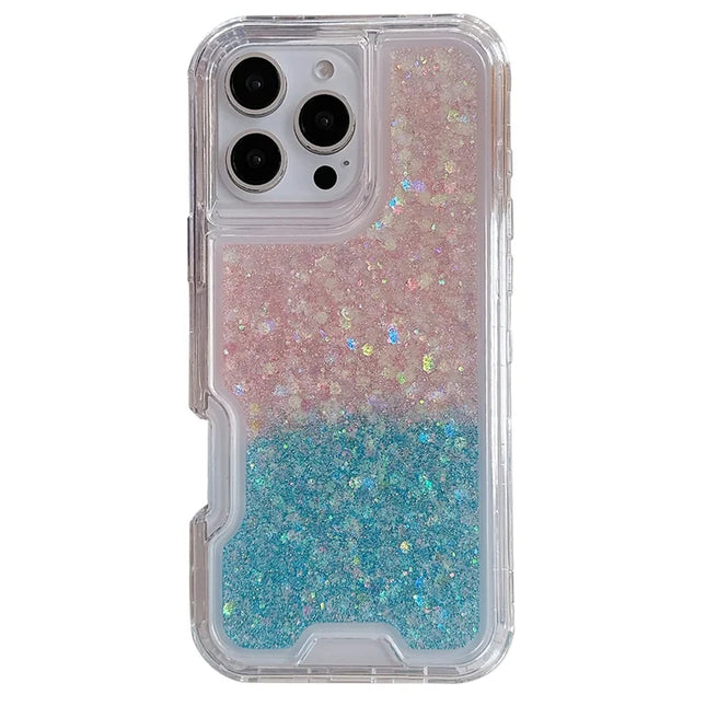 For iPhone 16 Pro Max Case Glitter Epoxy TPU PC Phone Back Cover Detachable 2 in 1 - Pink / Blue