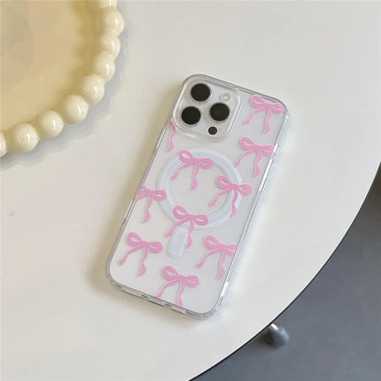 For iPhone 16 Pro Max Case Compatible with MagSafe Bowknot Pattern PC + TPU Phone Back Cover