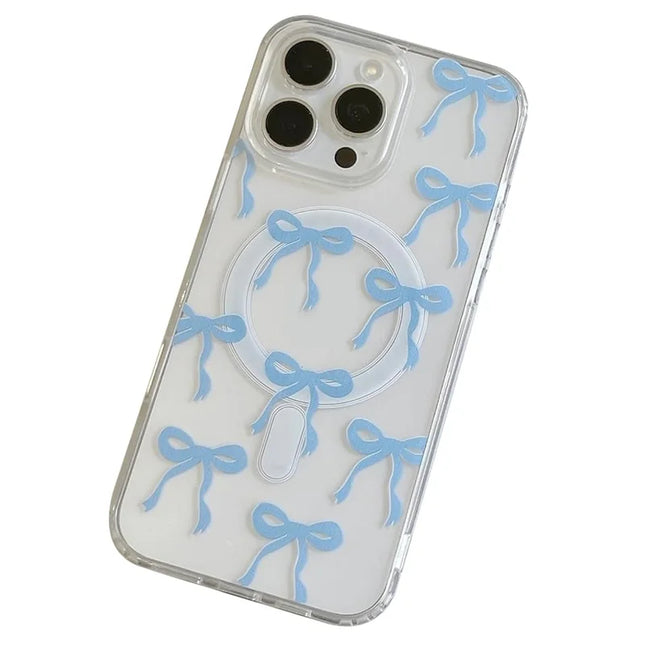 For iPhone 16 Pro Case Compatible with MagSafe Bowknot Pattern PC + TPU Phone Back Cover - Blue